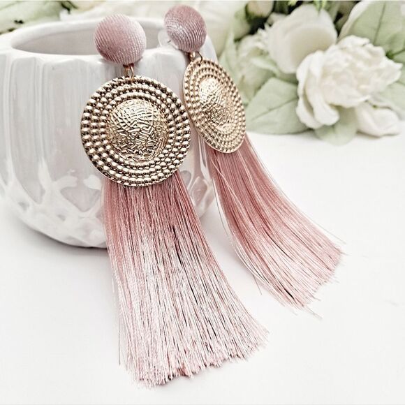 Gold earrings Womens pink oversized long boho tassel Fringe feminine 💖2/$30 - Picture 10 of 12